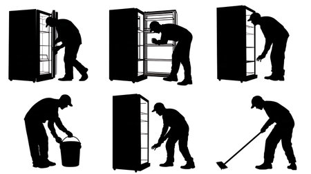 Cleaning Out a Refrigerator Silhouettes Set of Six isolated on plain white background.のイラスト素材