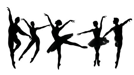 Low Angle Perspective Ballet Dancer Silhouettes Pack of Six isolated on plain white background.のイラスト素材