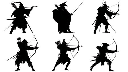 Six Silhouettes of a Knight Crafting Arrows (Fletching) in Black isolated on plain white background.のイラスト素材