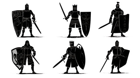 Collection of Six Black Knight with Various Shield Types Silhouettes isolated on plain white background.のイラスト素材