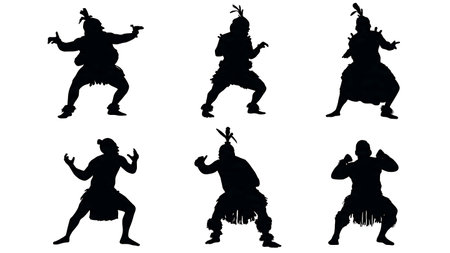 Fierce Maori Haka Ceremonial Challenge Silhouettes isolated on plain white background.のイラスト素材
