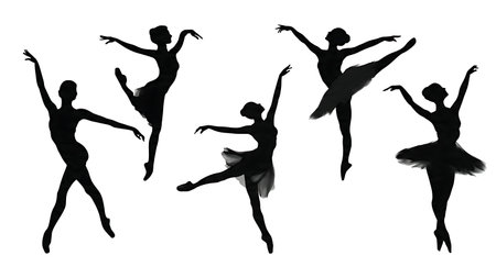 Collection of Six Motion Blur Effect Ballet Dancer Silhouettes isolated on plain white background.のイラスト素材