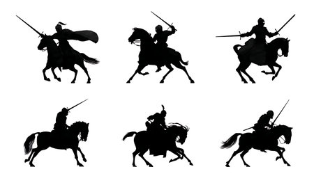 Knights in Mounted Sword Combat Silhouette Pack in Solid Black isolated on plain white background.のイラスト素材