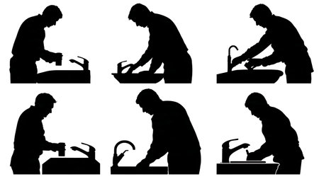 Polishing Faucets and Fixtures Silhouettes Set of Six isolated on plain white background.のイラスト素材