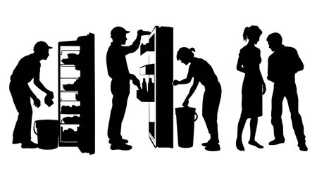 Cleaning Out a Refrigerator Silhouettes Set of Six isolated on plain white background.のイラスト素材