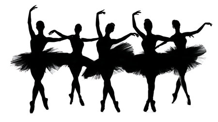 Black Solid Romantic-Style Long Tutu Ballet Silhouettes isolated on plain white background.のイラスト素材
