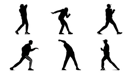 Bowler Pre-Match Warm-Up Routine Silhouettes Collection isolated on plain white background.のイラスト素材