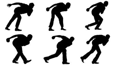 Open-Chested Bowling Action Silhouettes Set of Six isolated on plain white background.のイラスト素材