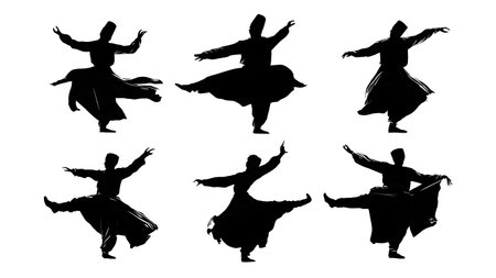 Energetic Levantine Dabke Line Dance Silhouettes isolated on plain white background.のイラスト素材