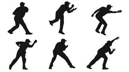 Classic Leg-Spin Bowling Technique Silhouettes Collection isolated on plain white background.のイラスト素材