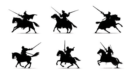 Knights in Mounted Sword Combat Silhouette Pack in Solid Black isolated on plain white background.のイラスト素材