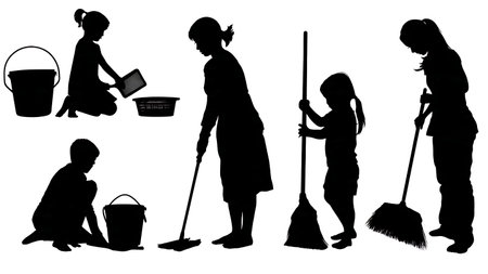 Children's Playroom Cleanup and Organizing Silhouettes isolated on plain white background.のイラスト素材