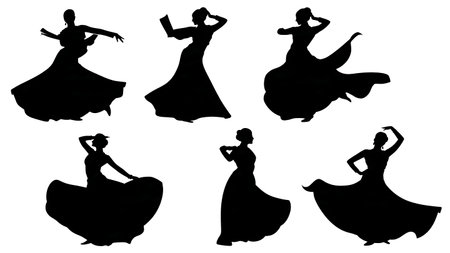 Graceful Rajasthani Ghoomar Swirling Skirt Silhouettes isolated on plain white background.のイラスト素材