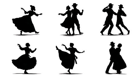 Quebecois Quadrille Square Dance Silhouettes isolated on plain white background.のイラスト素材