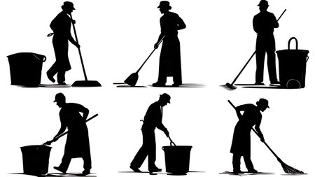 Janitorial Cleaning in Public Spaces Silhouettes isolated on plain white background.のイラスト素材