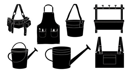 Garden Tool Organizers and Apparel Black Solid Silhouettes Pack isolated on plain white background.のイラスト素材