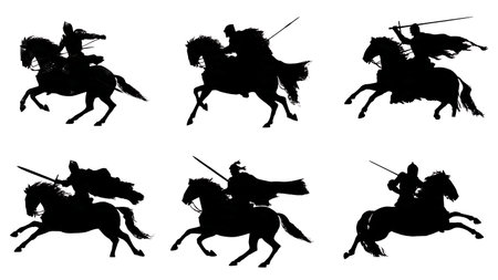 Black Solid Knight Infantry Charge Wave Silhouette Collection isolated on plain white background.のイラスト素材