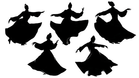 Ancient Lithuanian SutartinÃâs Circle Dance Silhouettes isolated on plain white background.のイラスト素材