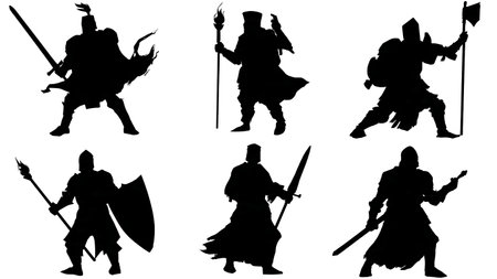 Solid Black Knight with Torch Exploring Dungeon Silhouettes isolated on plain white background.のイラスト素材