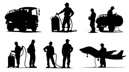 Black Solid Aircraft Fuel Service Technician Silhouettes isolated on plain white background.のイラスト素材