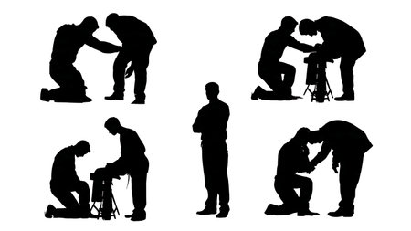 Artist Adjusting a Client's Position for Better Access Silhouettes isolated on plain white background.のイラスト素材