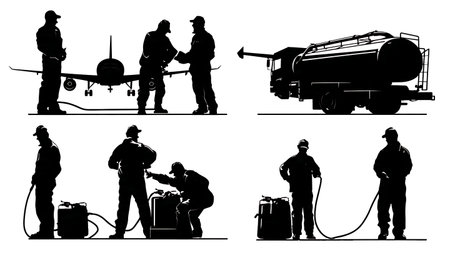 Black Solid Aircraft Fuel Service Technician Silhouettes isolated on plain white background.のイラスト素材