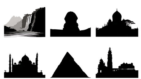 Diverse African Natural and Historical Landmark Silhouettes isolated on plain white background.のイラスト素材