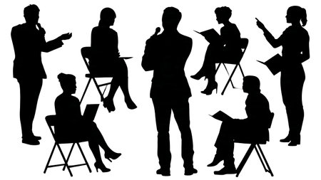 Active Workshop with Group Speakers and Breakout Sessions Silhouettes isolated on plain white background.のイラスト素材