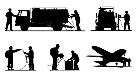 Black Solid Aircraft Fuel Service Technician Silhouettes isolated on plain white background.のイラスト素材