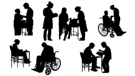 Tattoo Artist Working with a Client in a Wheelchair Silhouettes isolated on plain white background.のイラスト素材