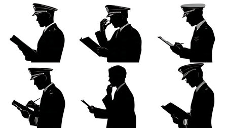 Black Solid Airline Co-Pilot in Cockpit Action Silhouettes Set isolated on plain white background.のイラスト素材