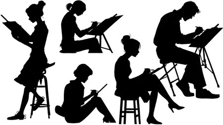 Apprentice Tattoo Artist Learning from a Mentor Silhouettes isolated on plain white background.のイラスト素材