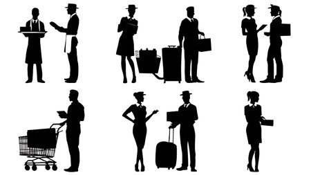 Airport Duty-Free and Retail Staff Silhouettes Set of Six isolated on plain white background.のイラスト素材