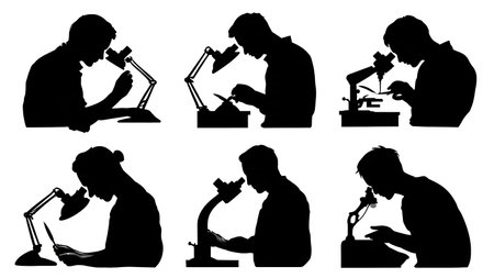 Tattoo Artist Using a Magnifying Lamp for Detail Work Silhouettes isolated on plain white background.のイラスト素材