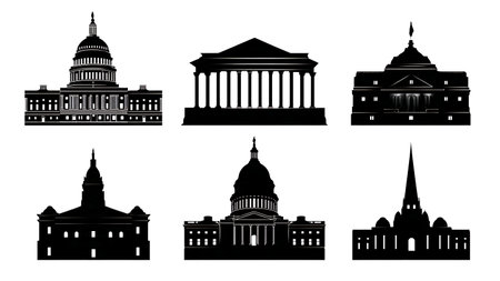 American Government and Engineering Landmark Silhouettes isolated on plain white background.のイラスト素材
