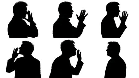 Calm and Composed Speaker with Minimal Gestures Silhouettes isolated on plain white background.のイラスト素材
