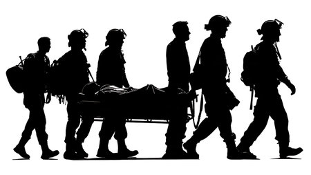 Airport Medical Emergency Response Team Silhouettes Set isolated on plain white background.のイラスト素材
