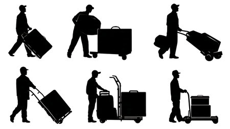 Black Solid Airport Baggage Handler Action Silhouettes Set of Six isolated on plain white background.のイラスト素材