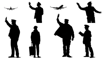 Airport Staff Waving Goodbye to Departing Aircraft Silhouettes isolated on plain white background.のイラスト素材