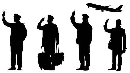 Airport Staff Waving Goodbye to Departing Aircraft Silhouettes isolated on plain white background.のイラスト素材