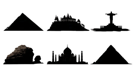 Ancient World Wonders and Landmarks Silhouette Set of Six isolated on plain white background.のイラスト素材