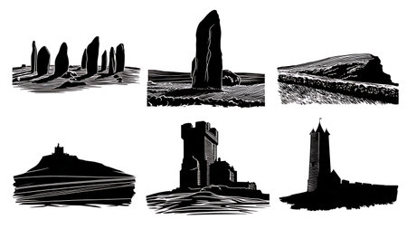 Ancient British and Irish Landmark Silhouettes Set isolated on plain white background.のイラスト素材