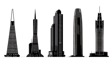 Famous American Skyscraper Landmark Silhouettes isolated on plain white background.のイラスト素材
