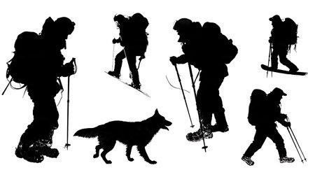 Avalanche Rescue with Probes and K9 Silhouettes isolated on plain white background.のイラスト素材