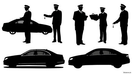 Airport Valet Parking Staff at Work Silhouettes Set isolated on plain white background.のイラスト素材