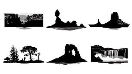 Famous American Natural Landmark Silhouettes Set isolated on plain white background.のイラスト素材