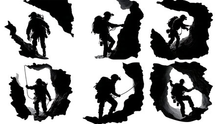 Cave Rescue Operation Silhouettes Set of Six isolated on plain white background.のイラスト素材