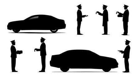 Airport Valet Parking Staff at Work Silhouettes Set isolated on plain white background.のイラスト素材