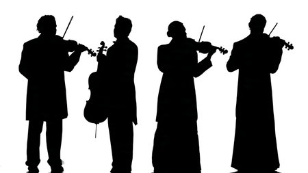 Audience Perspective View of a Violinist on Stage Silhouettes isolated on plain white background.のイラスト素材