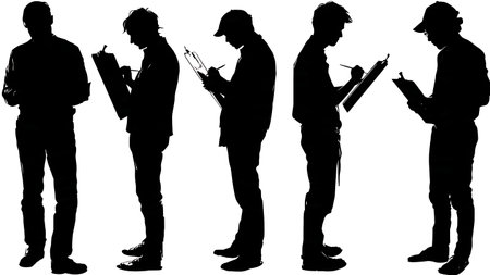 Tattoo Artist Using a Lightbox to Trace a Design Silhouettes isolated on plain white background.のイラスト素材